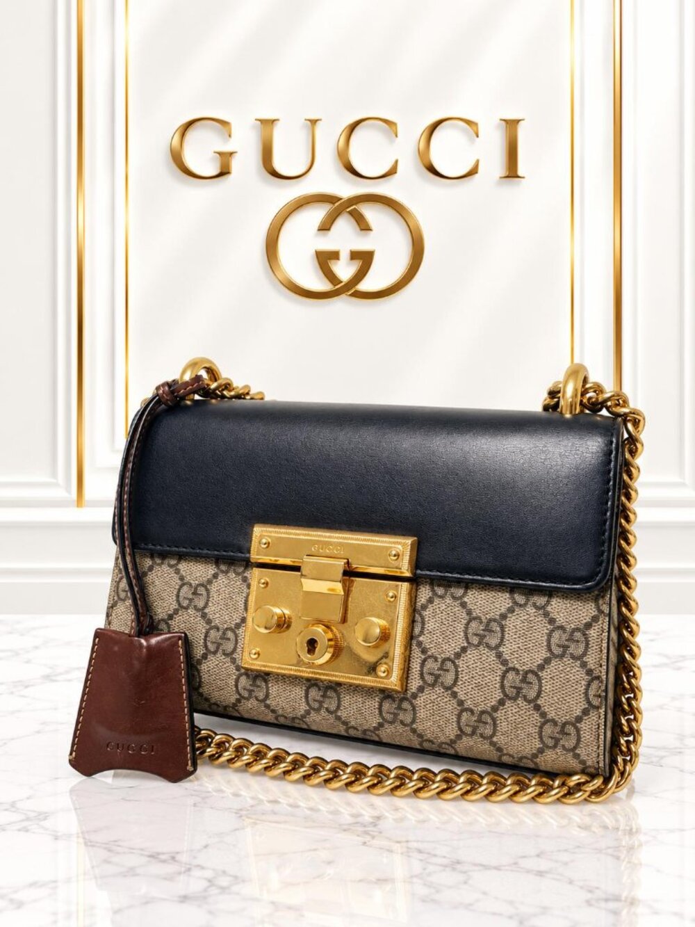 Authentic Gucci Padlock GG Supreme Canvas Leather Chain Shoulder Crossbody Bag